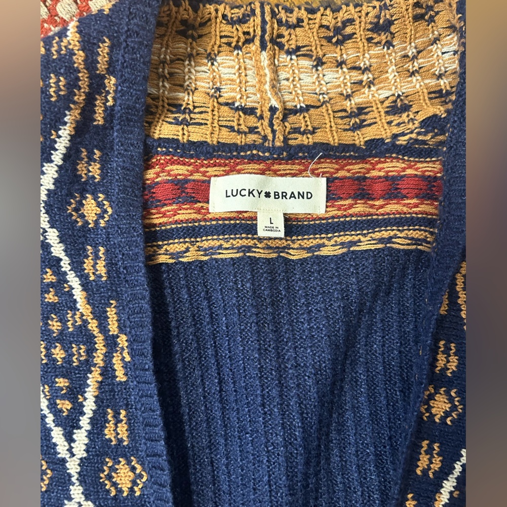 Lucky Brand Cardigan Womens L Sweater Aztec Tribal Knit Open Front Boho - Picture 3 of 6